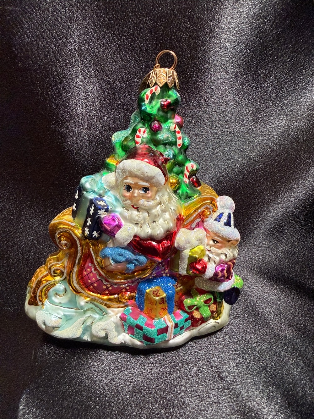 Hand-Painted Green Santa Sleigh Ornament with Gifts Trim A Tree O Santa